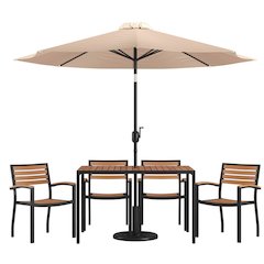 3 Piece Outdoor Patio Table Set - 30" x 48" Square Synthetic Teak Patio Table with Tan Umbrella and Base
