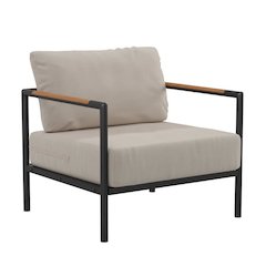Indoor/Outdoor Patio Chair with Cushions - Modern Aluminum Framed Chair with Teak Accented Arms, Black with Beige Cushions
