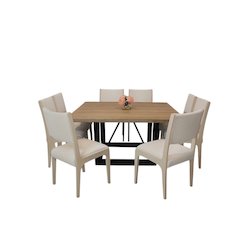 Logan 9-Piece Dining Set with 8 Ash Dining Chairs in Ivory Boucle Linen Fabric