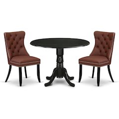 East West Furniture Dublin 3 Piece Dining Room Furniture Set Includes a Round Kitchen Table with Dropleaf and 2 Upholstered Chairs, 42x42 Inch, Black