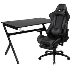Black Gaming Desk and Gray Footrest Reclining Gaming Chair Set with Cup Holder, Headphone Hook & 2 Wire Management Holes