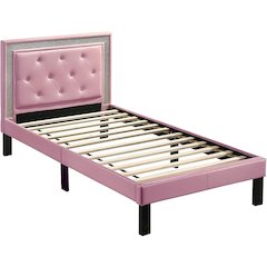 Twin Upholstered Bed Frame with Slats in Pink Faux Leather