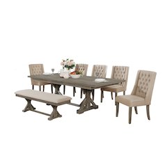 Classic Extension Dining 7 Piece Set w/18"Center Leaf, Bench & 5 Tufted Chairs in Beige Linen