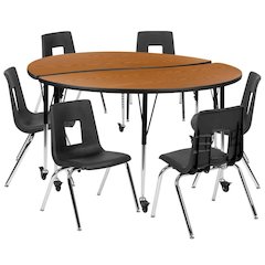 Mobile 60" Circle Wave Flexible Laminate Activity Table Set with 18" Student Stack Chairs, Oak/Black