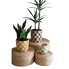 Set Of Three Checkered Clay Planters With Trays