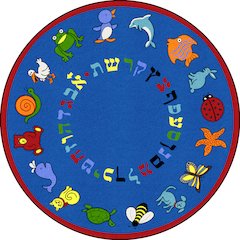 Kid Essentials ABC Animals (Hebrew Alphabet) 7'7" Round Area Rug in Color Blue