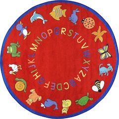 Kid Essentials ABC Animals 7'7" Round Area Rug in Color Red