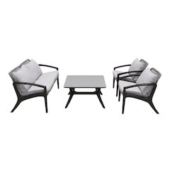 Outdoor Sofa In Dark Eucalyptus Wood And Gray Rope With White Cushions