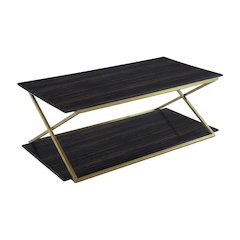 Dark Brown Veneer Coffee Table with Brushed Gold Metal Legs and Sturdy Design