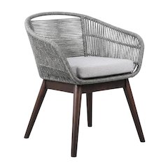 Dark Eucalyptus Wood Dining Chair With Gray Rope And Cushion For Outdoor Use