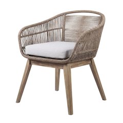 Light Eucalyptus Dining Chair With Truffle Rope And Gray Cushion For Outdoor Use