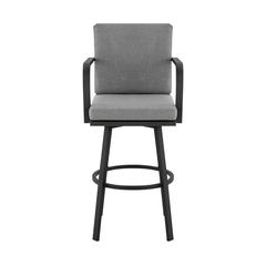 Don 30" Outdoor Patio Bar Stool in Black Aluminum with Grey Cushions