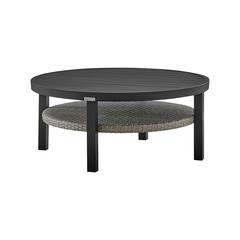 Aileen Outdoor Patio Round Coffee Table in Black Aluminum with Grey Wicker Shelf