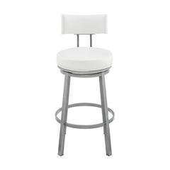 Dalza Swivel Counter or Bar Stool in Cloud Finish with White Faux Leather