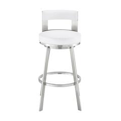 Lynof Swivel Counter Stool in Brushed Stainless Steel with White Faux Leather