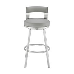 Lynof Swivel Bar Stool in Brushed Stainless Steel with Light Grey Faux Leather