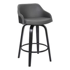 Alec Contemporary 26" Counter Height Swivel Barstool in Black Brush Wood Finish and Grey Faux Leather