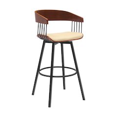 Athena Upholstered Wood Swivel Bar or Counter Stool with Black Metal
