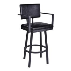 Armen Living Balboa 26” Counter Height Barstool with Arms in Black Powder Coated Finish and Vintage Black Faux Leather