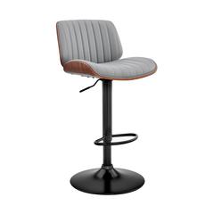 Adjustable Swivel Bar Stool with Gray Faux Leather and Walnut Wood