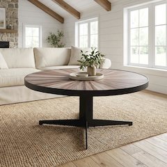 Round Maroon Mid-Century Coffee Table with Tempered Glass Top and Metal Legs