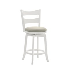 26 in. Matte White Counter Height Rubberwood Swivel Barstool, Fog Fabric Seat