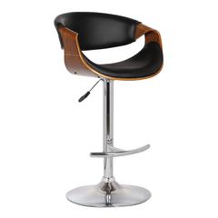 Armen Living Butterfly Adjustable Swivel Barstool in Black Faux Leather with Chrome Finish and Walnut Wood