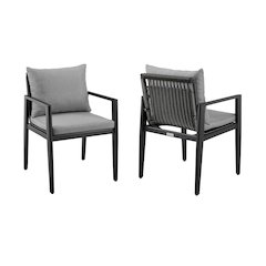 Outdoor Patio Dining Chairs with Arms in Aluminum with Gray Cushions - Set of 2