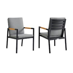 Black Aluminum and Teak Outdoor Dining Chair with Dark Gray Fabric - Set of 2