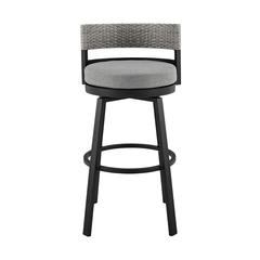 Encinitas Outdoor Patio Swivel Bar Stool in Aluminum and Wicker with Grey Cushions