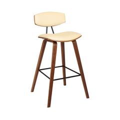Bar Height Cream Faux Leather and Walnut Wood Mid-Century Modern Bar Stool