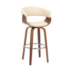 26-Inch Swivel Bar Stool in Cream Faux Leather with Walnut Wood Frame