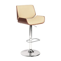 Adjustable Cream Swivel Bar Stool with Walnut Veneer and Chrome Base