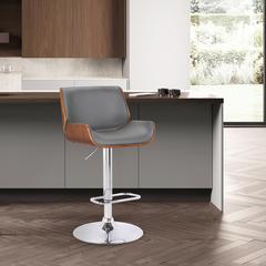 Armen Living London Contemporary Swivel Barstool in Grey Faux Leather with Chrome and Walnut Wood