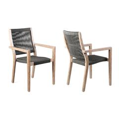 Madsen Outdoor Patio Charcoal Rope Arm Chair in Natural Acacia Finish - Set of 2