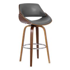 Mona Contemporary 26" Counter Height Swivel Barstool in Walnut Wood Finish and Grey Faux Leather