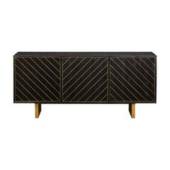 Monaco Rectangular Black Wood Sideboard with Antique Brass Accent, Black Red-Shiny Wooden