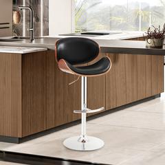 Armen Living Naples Swivel Barstool in Chrome finish with Black Faux Leather and Walnut Veneer Back