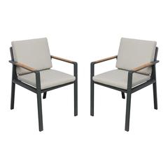 Nofi Outdoor Patio Dining Chair in Charcoal Finish with Taupe Cushions and Teak Wood Accent Arms  - Set of 2