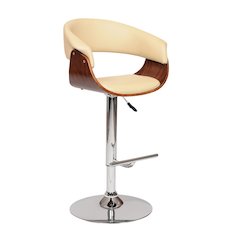 Swivel Bar Stool with Cream Leatherette Seat, Walnut Veneer, and Chrome Base