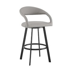 26" Swivel Counter Stool with Matte Black Iron and Light Gray Faux Leather