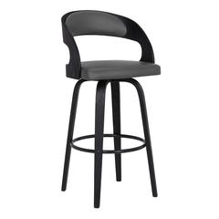 Shelly Contemporary 30" Bar Height Swivel Barstool in Black Brush Wood Finish and Grey Faux Leather
