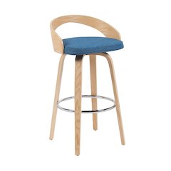 Swivel Bar Height Stool with Blue Upholstered Seat and Patterned Oak Wood Finish