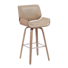 Swivel Bar Stool with White Wash Finished Wood and Vintage Brown Upholstery
