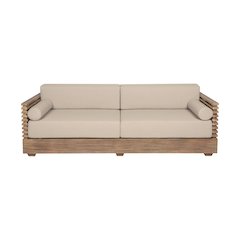 Vivid Outdoor Patio Sofa in Light Eucalyptus Wood with Taupe Olefin Cushions