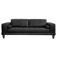 Armen Living Wynne Contemporary Sofa in Genuine Black Leather with Brown Wood Legs
