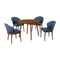 Arcadia and Juno 42" Round Blue and Walnut Wood 5 Piece Dining Set