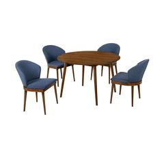Arcadia and Juno 48" Round Blue and Walnut Wood 5 Piece Dining Set
