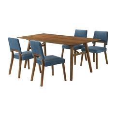 Channell 5 Piece Walnut Wood Dining Table Set with Blue Fabric