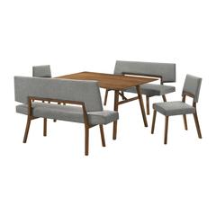 Channell 5 Piece Walnut Wood Dining Table Set with Benches in Charcoal Fabric